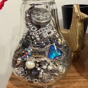 Mystery Jewelry Jar - Vintage Pitcher full of treasure - black, blue and silvers